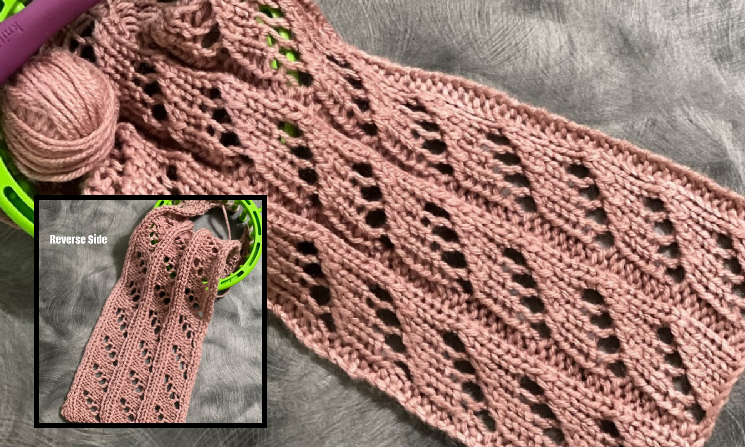 Loom knit stitch diagonal lace columns